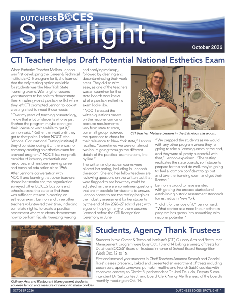 Cover of October Spotlight featuring articles and photos on a teacher who helped write a national Esthetics exam and students making cookies for the Board of Trustees