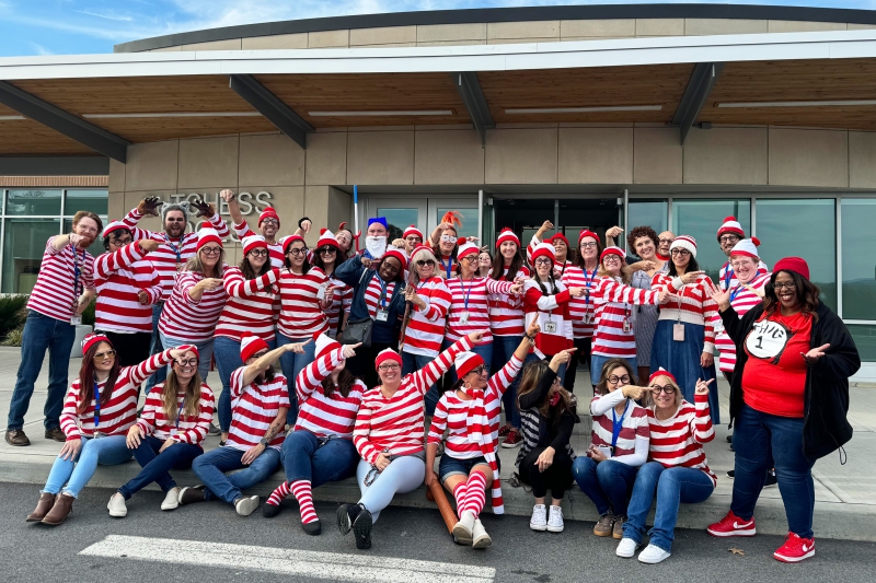 Resilience Academy staff all donned "Where's Waldo?" outfits and posed for a group photo.