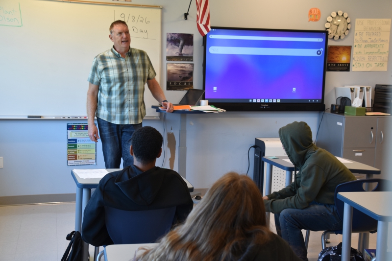 Resilience Academy Teacher Christopher Plant speaks to his class on the first day of school, Sept. 8, 2026