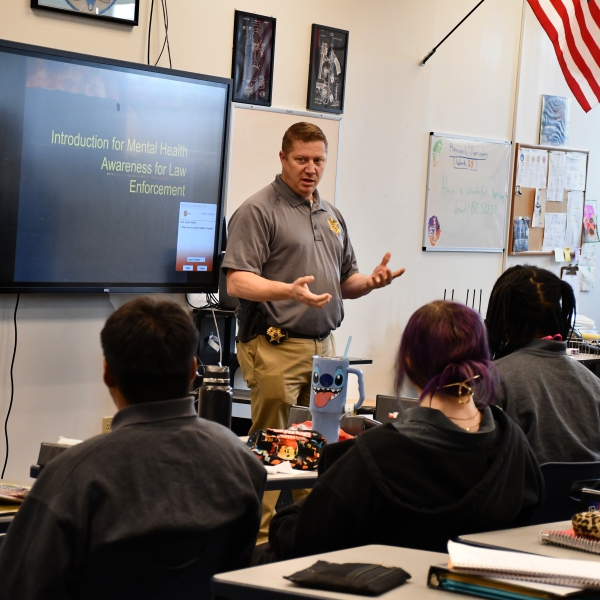 Dutchess County Sheriff Kirk Imperati speaks to students in the Security and Law class the Friday before spring recess.