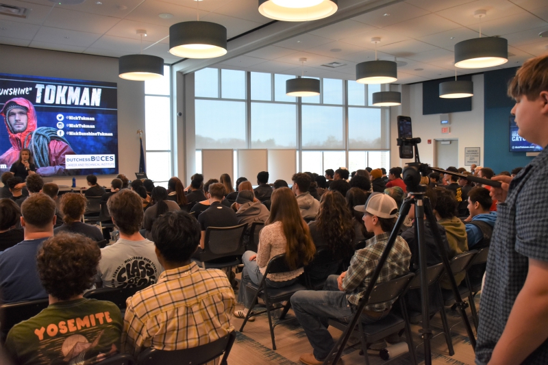CTI TV and Film student Aidan Barto records Nick Tokman's presentation at Dutchess BOCES April 14
