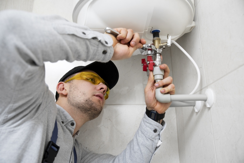 A man fixes a bathroom sink