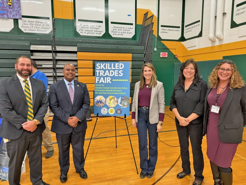 FDR Principal Michael Ruella, Hyde Park CSD Superintendent Dr. Pedro Roman, U.S. Rep. Michelle Hinchey, Dutchess County Executive Sue Serino and Dutchess BOCES Deputy Superintendent Dr. Jodi DeLucia